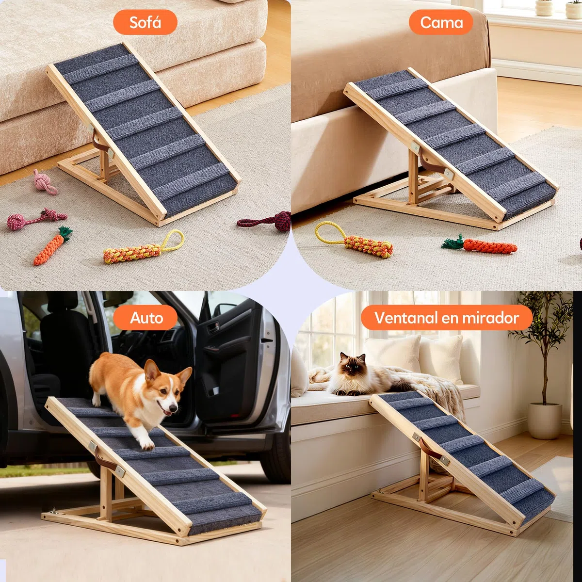Tukailai Rampa para perros de madera de 70 cm de largo, escalera para perros para cama, sofá, coche, plegable, 2 alturas ajustables, rampa para mascotas con alfombra antideslizante y barras