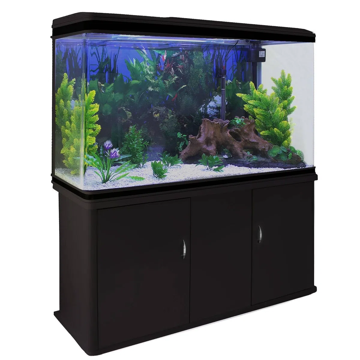 Pecera Acuario 300 Litros para Peces Agua Dulce,Tropicales+Marinos con Mueble Negro,Grava Blanca,Calentador 300W Ajustable,Filtro,Bomba Aire,Zona Observación 180º +Luz LED, 2 Años Garantía Eléctrica