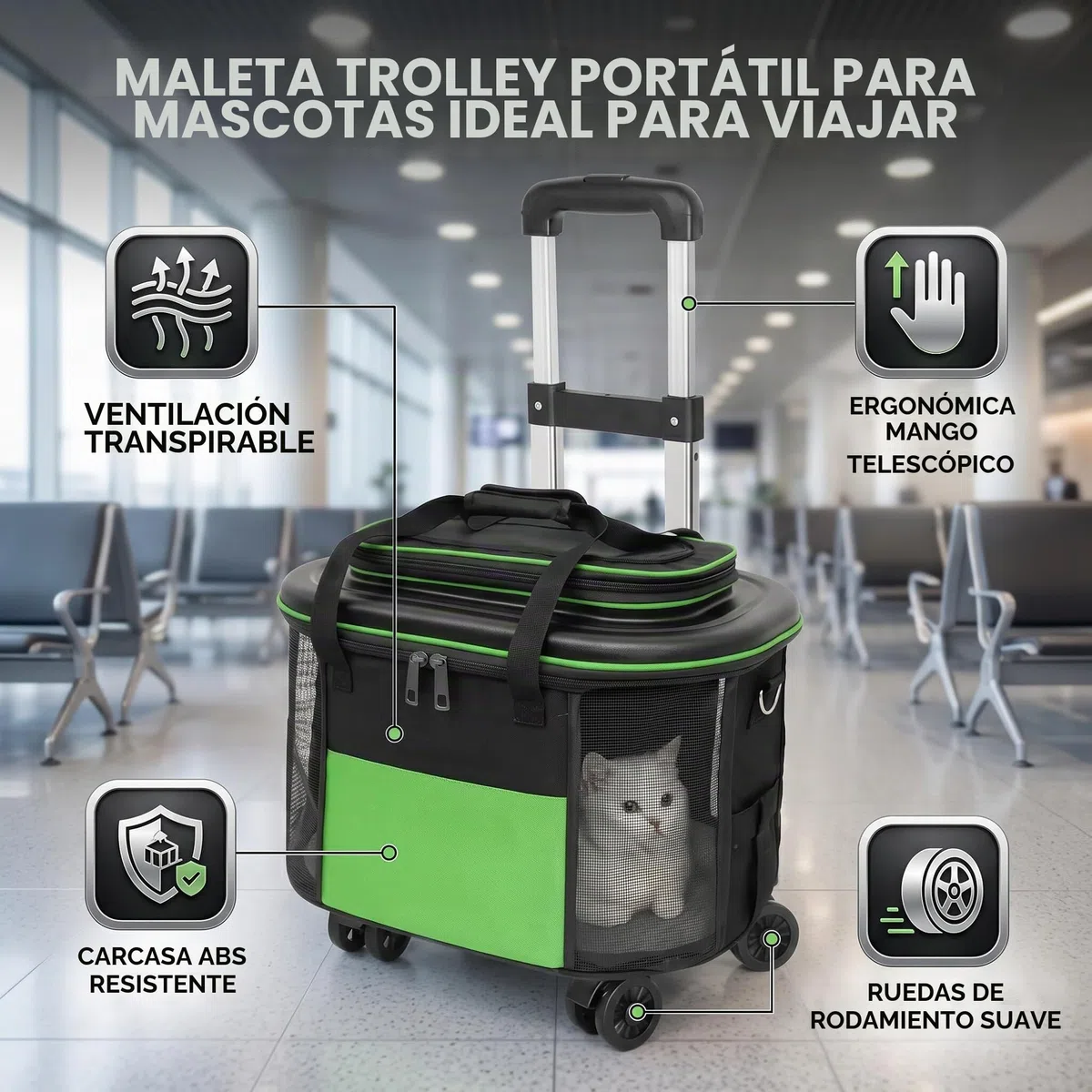 Transportín Portátil para Mascotas con Ruedas para Gatos y Perros con Ruedas para Viajes (Verde)