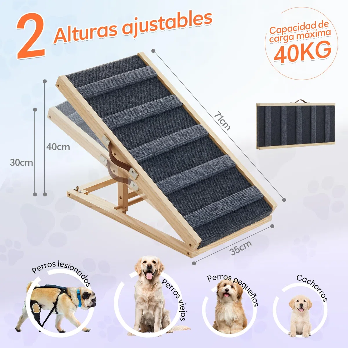 Tukailai Rampa para perros de madera de 70 cm de largo, escalera para perros para cama, sofá, coche, plegable, 2 alturas ajustables, rampa para mascotas con alfombra antideslizante y barras