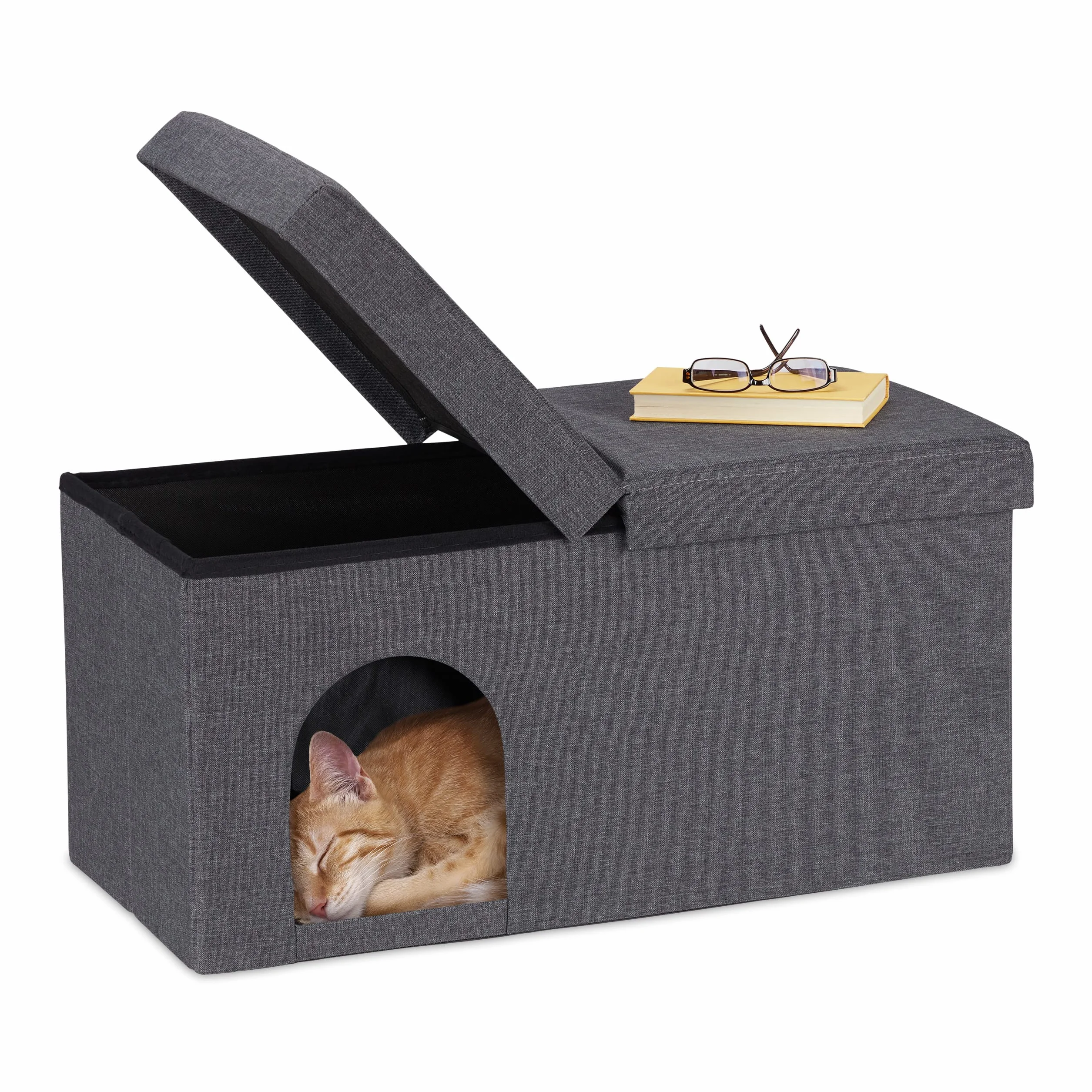 Relaxdays Casa Gato con Banco, Cueva Gatito Plegable, Accesorios Gatunos Interior, Escondite, 38,5 x 74,5 x 37 cm, Gris