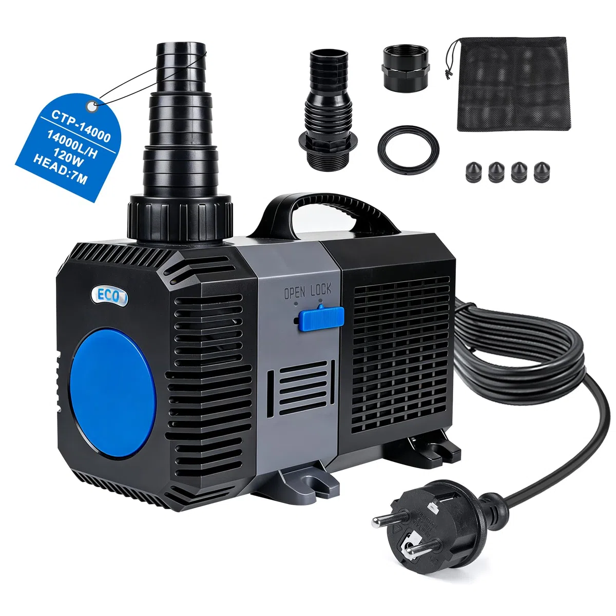 EXLECO Super Eco Bomba para Estanque Anfibia 14000L/H 120W Filtro Pecera, Bombas de Agua Sumergible, Bomba para Fuente Jardín, Filtro Acuario para Acuario y Estanque, CTP-14000