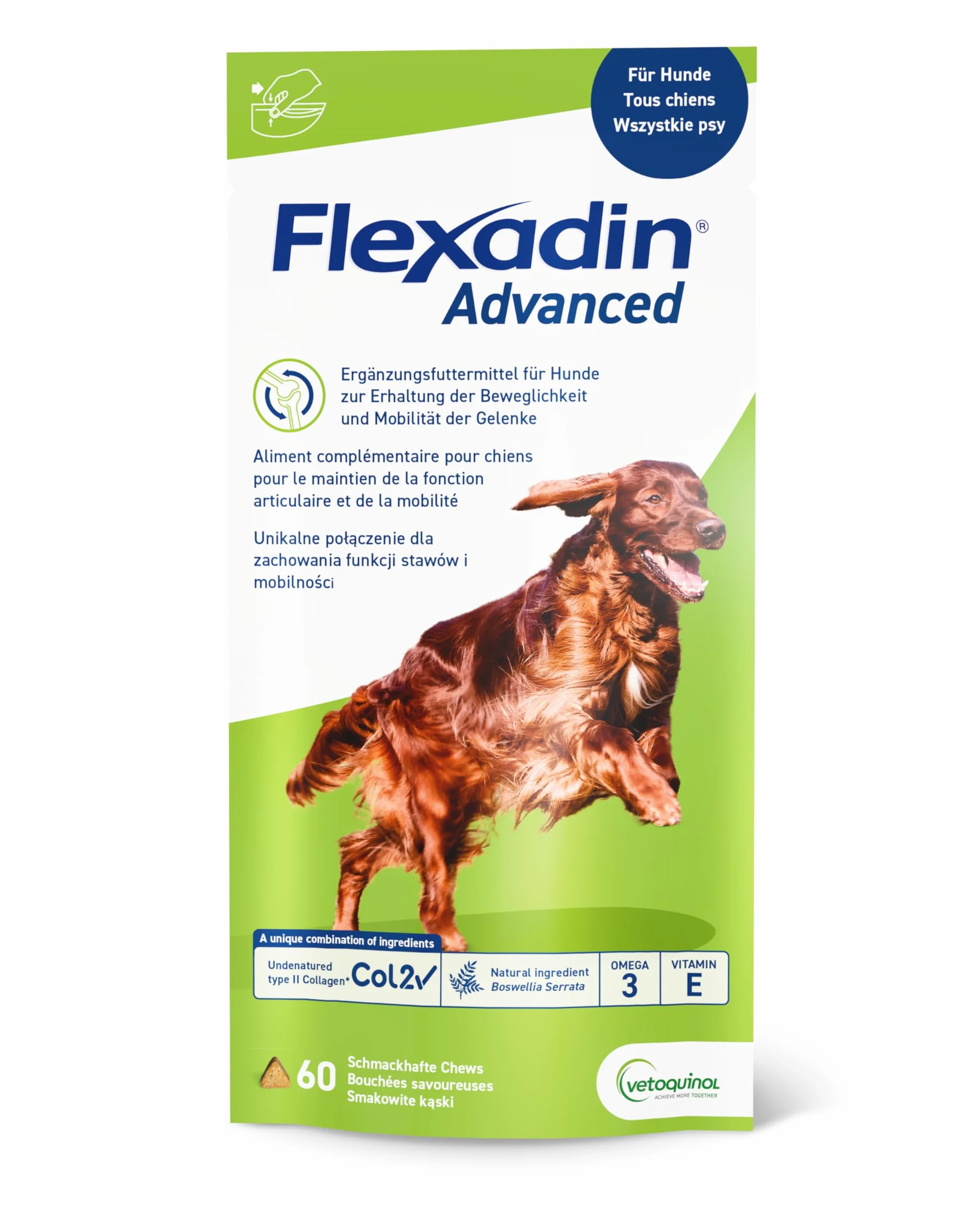 Flexadin Advanced para perros | Paquete doble | 2 x 60 Chews | Complemento alimenticio para apoyar la salud articular | Con colágeno inmunoactivo, Omega-3 y vitamina E