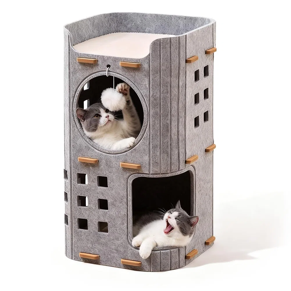 Cueva para gatos de fieltro de 3 pisos, 90 x 37 x 37 cm, cama para gatos, casa para gatos de interior con pelota de juego, castillo para gatos para jugar, cueva para gatos plegable y cálida para