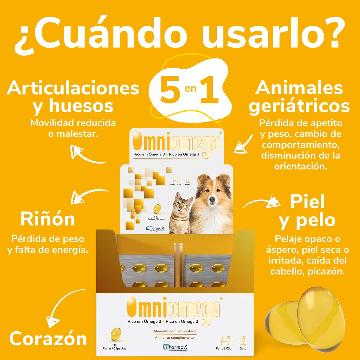 Omniomega Hifarmax - Vitaminas para Perros y Gatos, Suplemento Omega 3 con Vitamina E | Suplementos Alimenticios para Perro y Gato | Omega 3 Perros | Complementos Alimenticios | 540 Pastillas