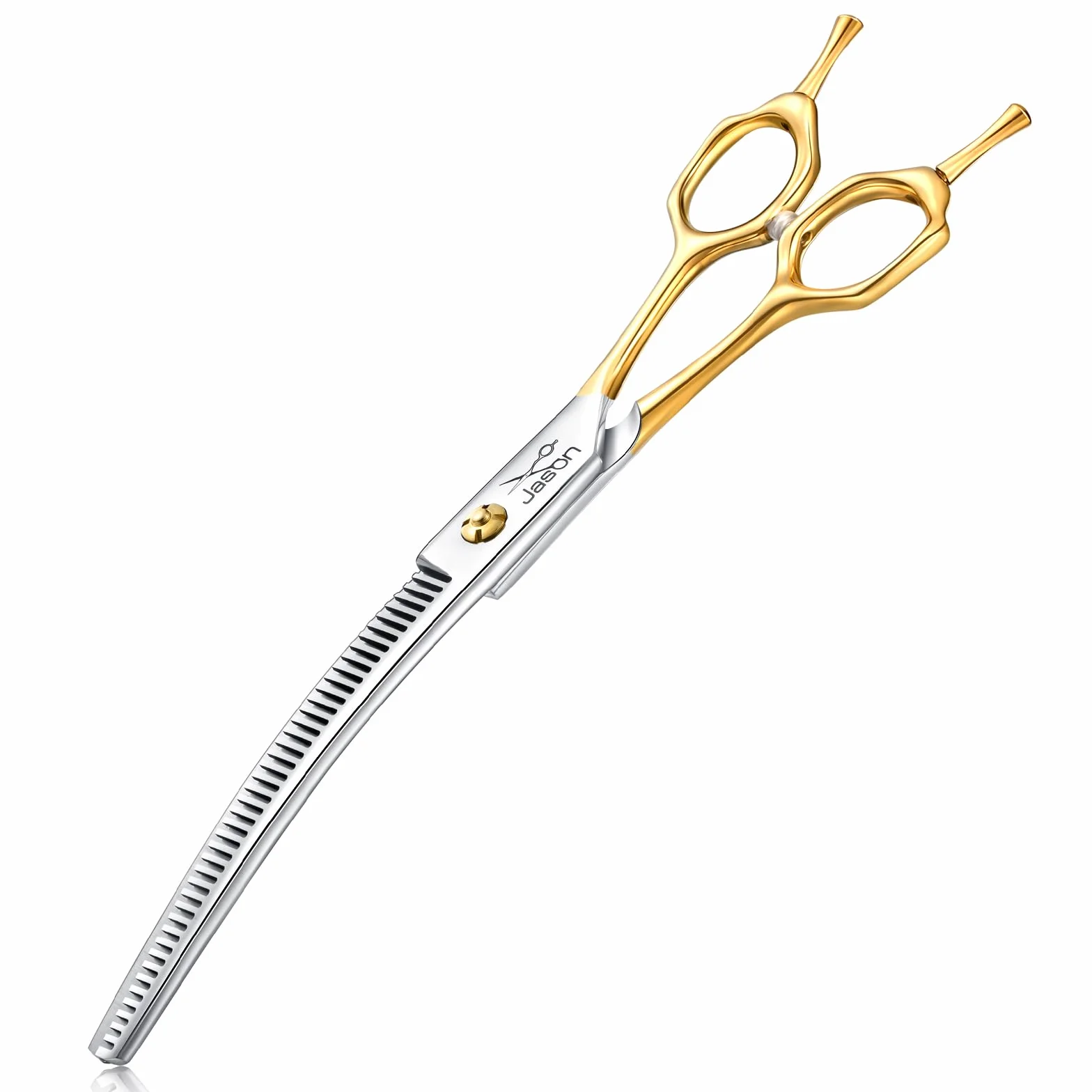 JASON 7.5 pulgadas tijeras para perros profesionales curvadas hacia abajo con 43 dientes, hechas de acero inoxidable japonés 440C con mango simétrico