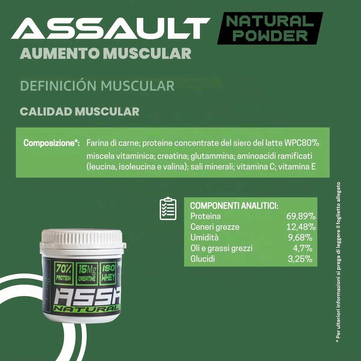 Assault Natural Powder 250 Suplemento muscular para perros, proteína del suero concentrado W.P.C. 80%, aminoácidos, B.C.A.A., Creatina 15.000 mg, crecimiento y definición muscular, polvo