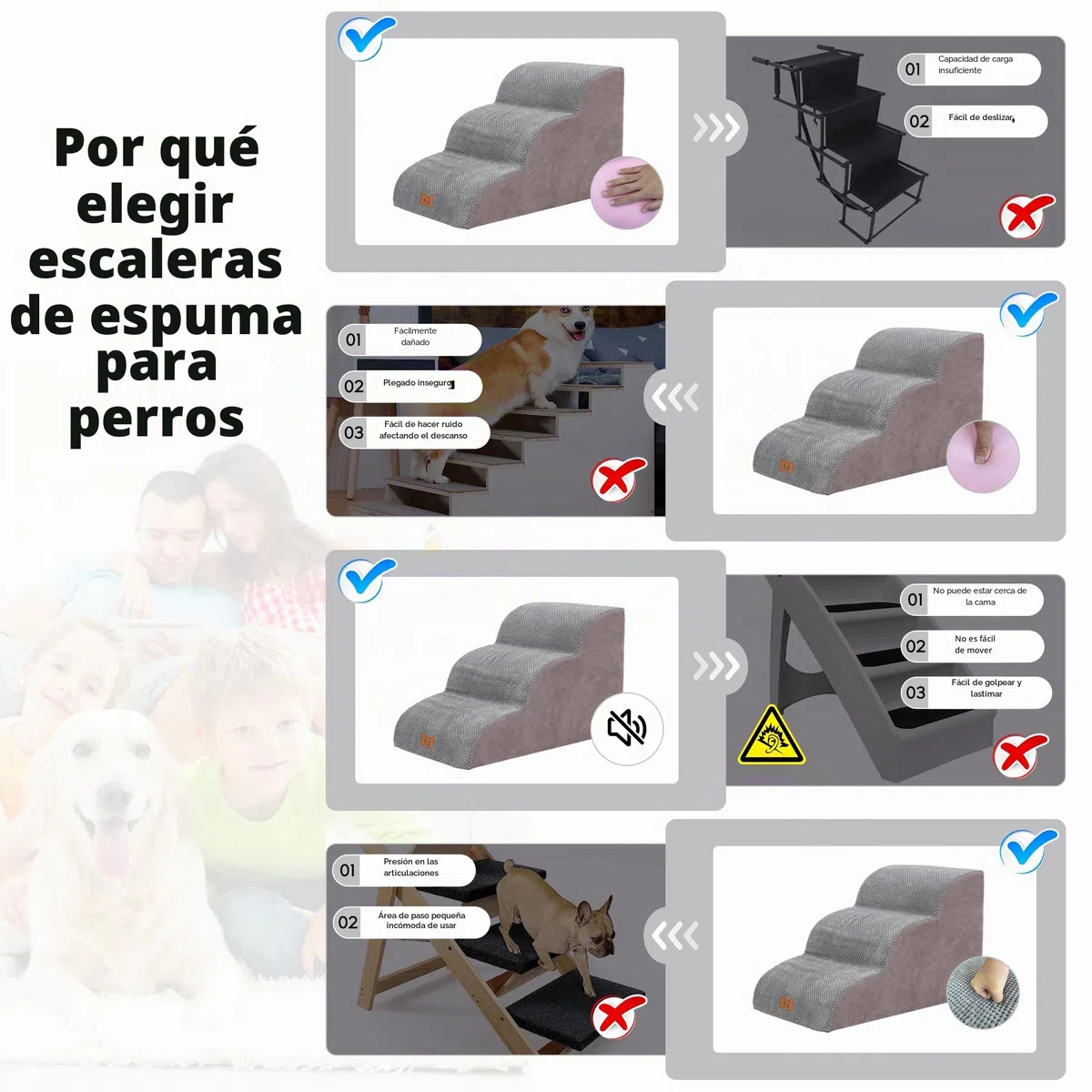 Escalera para perros de 3 peldaños, escalera de esponja para perros, rampa antideslizante para mascotas, escaleras para sofá y cama, con cubierta extraíble lavable, 57 x 40 x 40 cm, gris