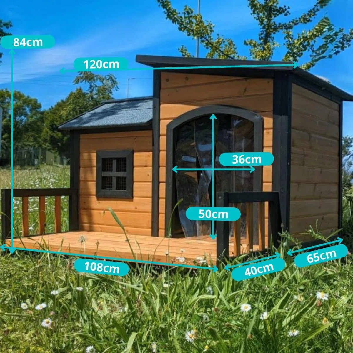 Caseta para perro Border Collie con techo de tejas abatible y terraza Tamaño L