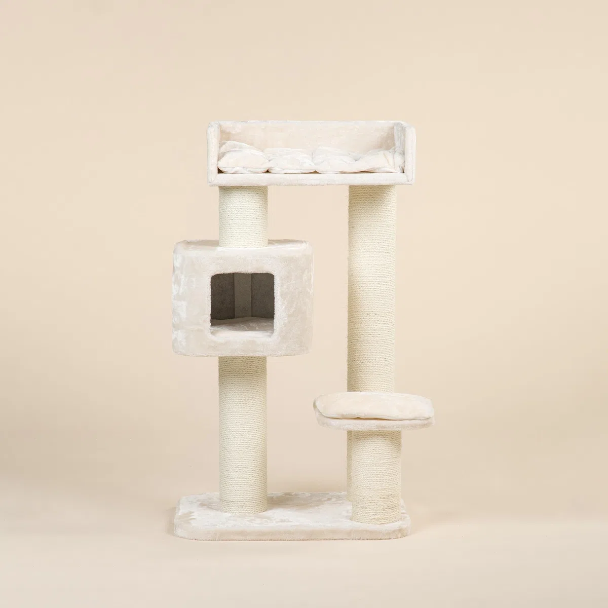 RHRQuality Árbol rascador para Gatos Grandes - Devon Rex - 120 cm de Altura - con Postes de sisal de 15 cm y casita para Jugar - Color Crema