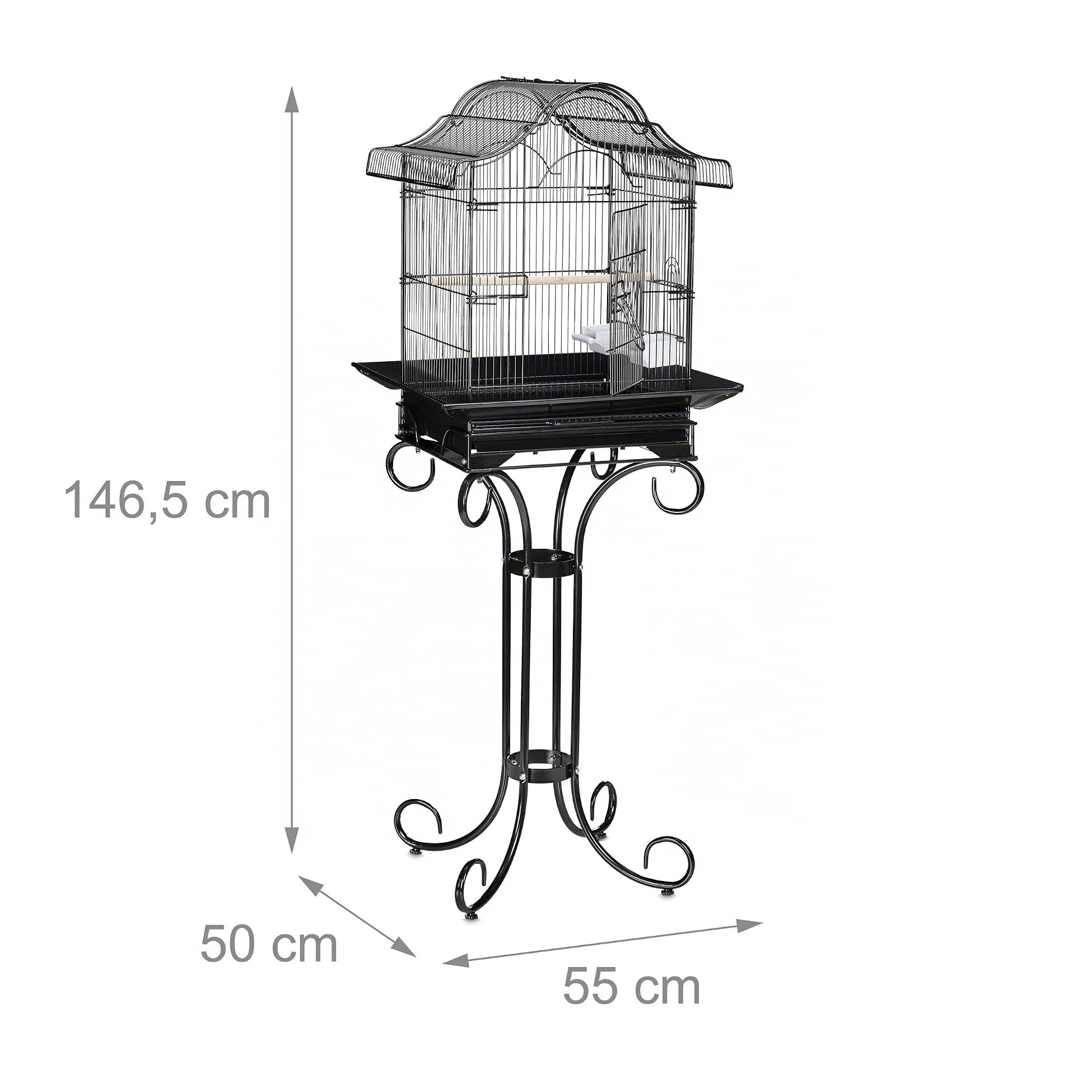 Relaxdays Jaula Pájaros Pedestal, Canarios, Pinzones, Percha, Comedero, Pajarera Aves Exóticas, 146,5x55x50 cm, Negro