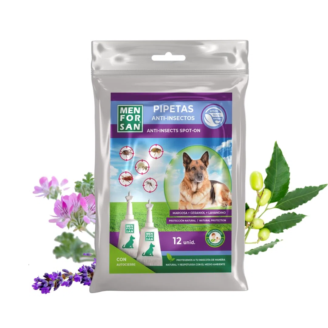 MENFORSAN Pack con 12 pipetas Anti-Insectos para Perros, con Margosa, geraniol y lavandino, con Bolsa autocierre