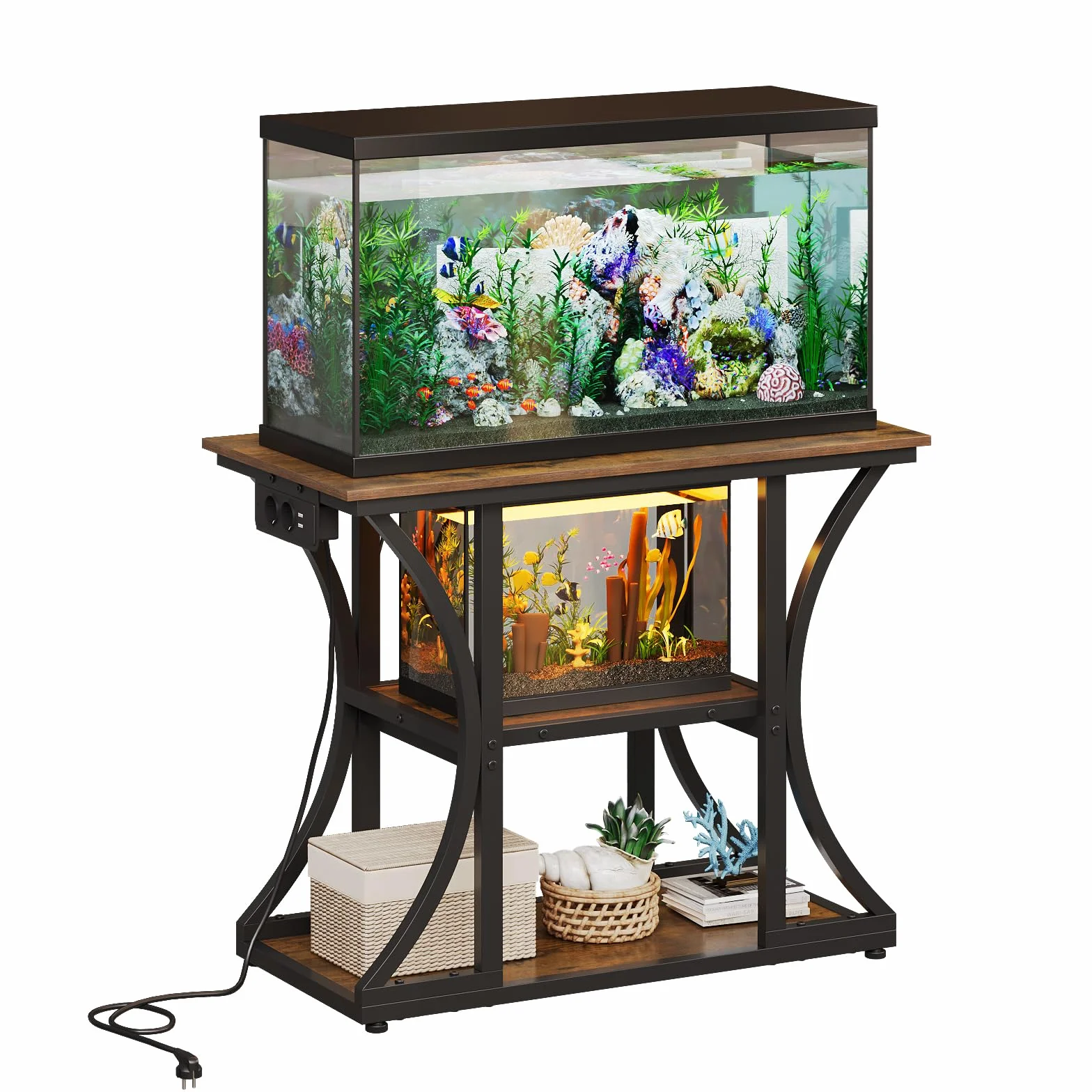 VEDECASA Soporte para acuario de 189 litros (50 galones) con enchufes, estantería rústica con cajón de tela de 3 niveles para acuarios, reptiles y terrarios, armario de acuario, marco de metal robusto