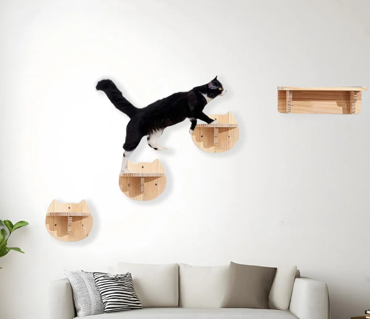 Hamaca de Pared Para Gatos Con 3 Niveles - Mueble de Madera Maciza Cubierta de Felpa Para Escalar, Dormir y Jugar