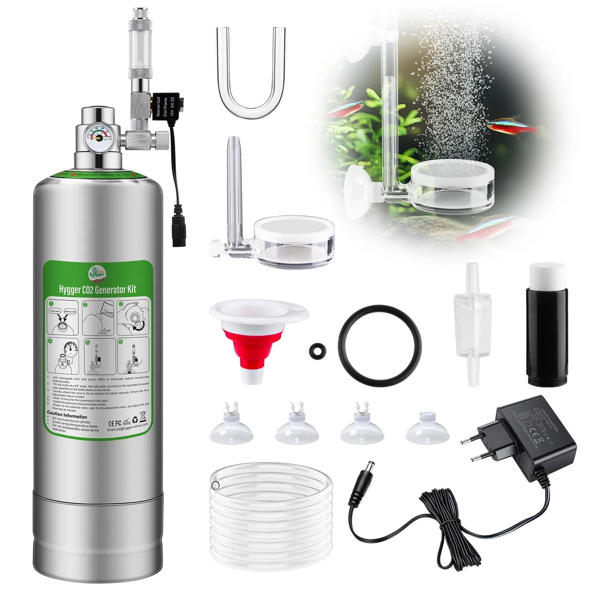 5L Sistema Generador co2 Acuario, Kit Reactor Dióxido para Tanque 60L-300L | co2 reactor Carbono con regulador co2 Acuario, válvula de Aguja, solenoide y medidor de Burbujas, para Plantas de Acuario