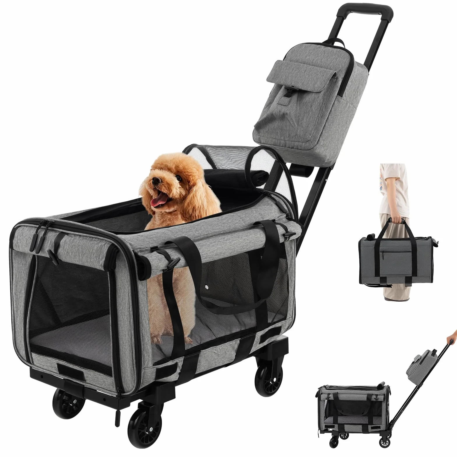 COSTWAY Transportín Plegable con Ruedas para Mascotas, Bolsa Trasportín de Viaje para Perros Gatos, Transportador con Almohadillas y Manija Telescópica para Mascotas Pequeñas Medianas