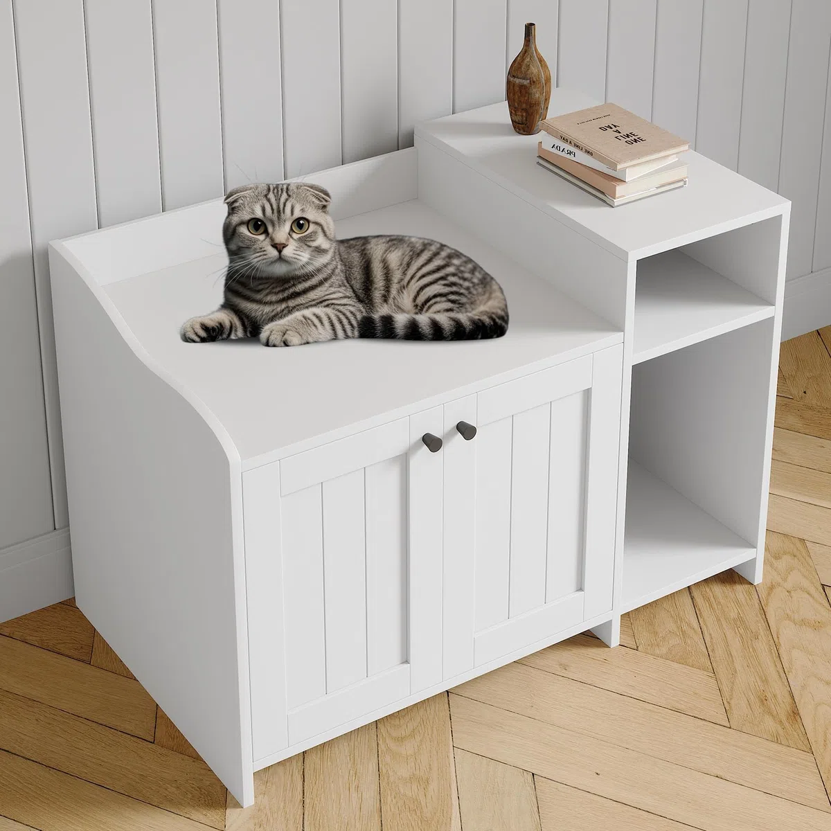 Mueble Ocultador De Arenero Gato – Aislante De Olores – Diseñado para Areneros Abiertos – Mesa Auxiliar De Madera con Estantería – para Gatos Grandes y Compatible con La Mayoría De Areneros