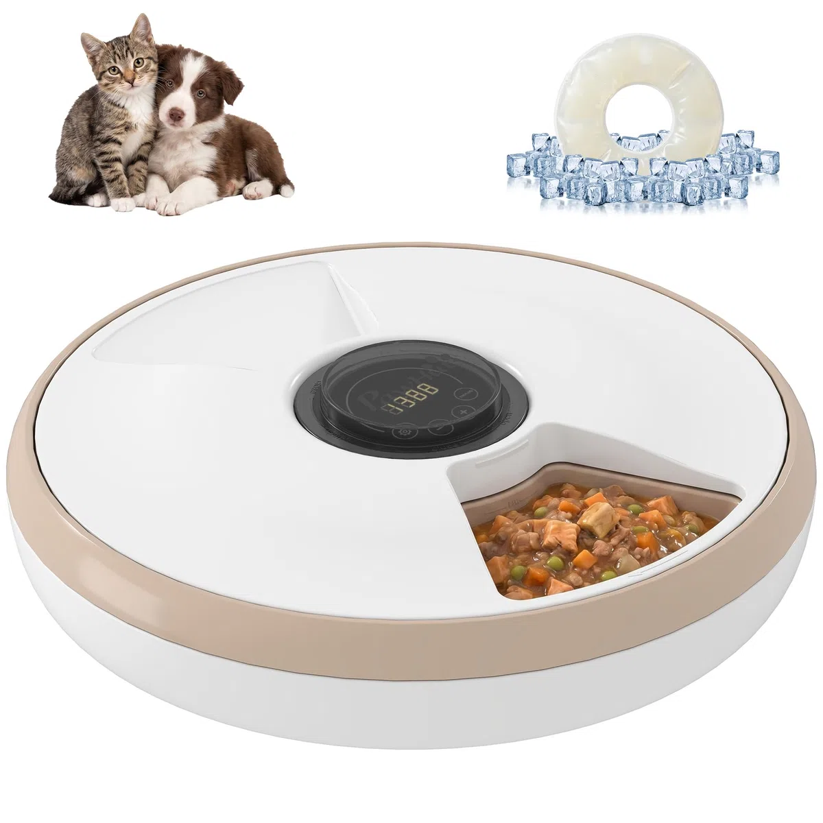 PawHut Comedero Automático para Gatos y Perros, Dispensador de Comida para Gatos con Temporizador Programable, Paquete de Hielo, 6 Cuencos, Pantalla LED, Funciona con Baterías, para Secos y Húmedos