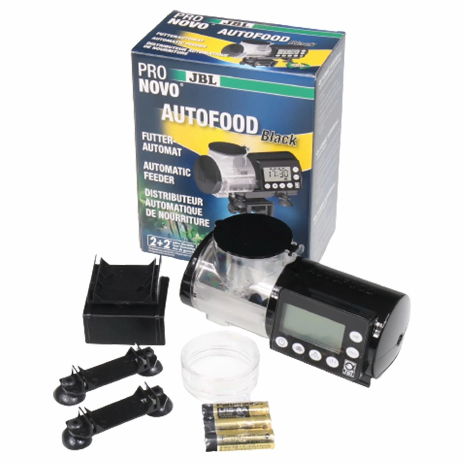 JBL PRONOVO AUTOFOOD - Comedero automático para acuario, alimentación con gránulos de pienso para peces hasta 4 veces al día, incluye soporte y anillo adaptador para ampliar el volumen a 375 ml, color