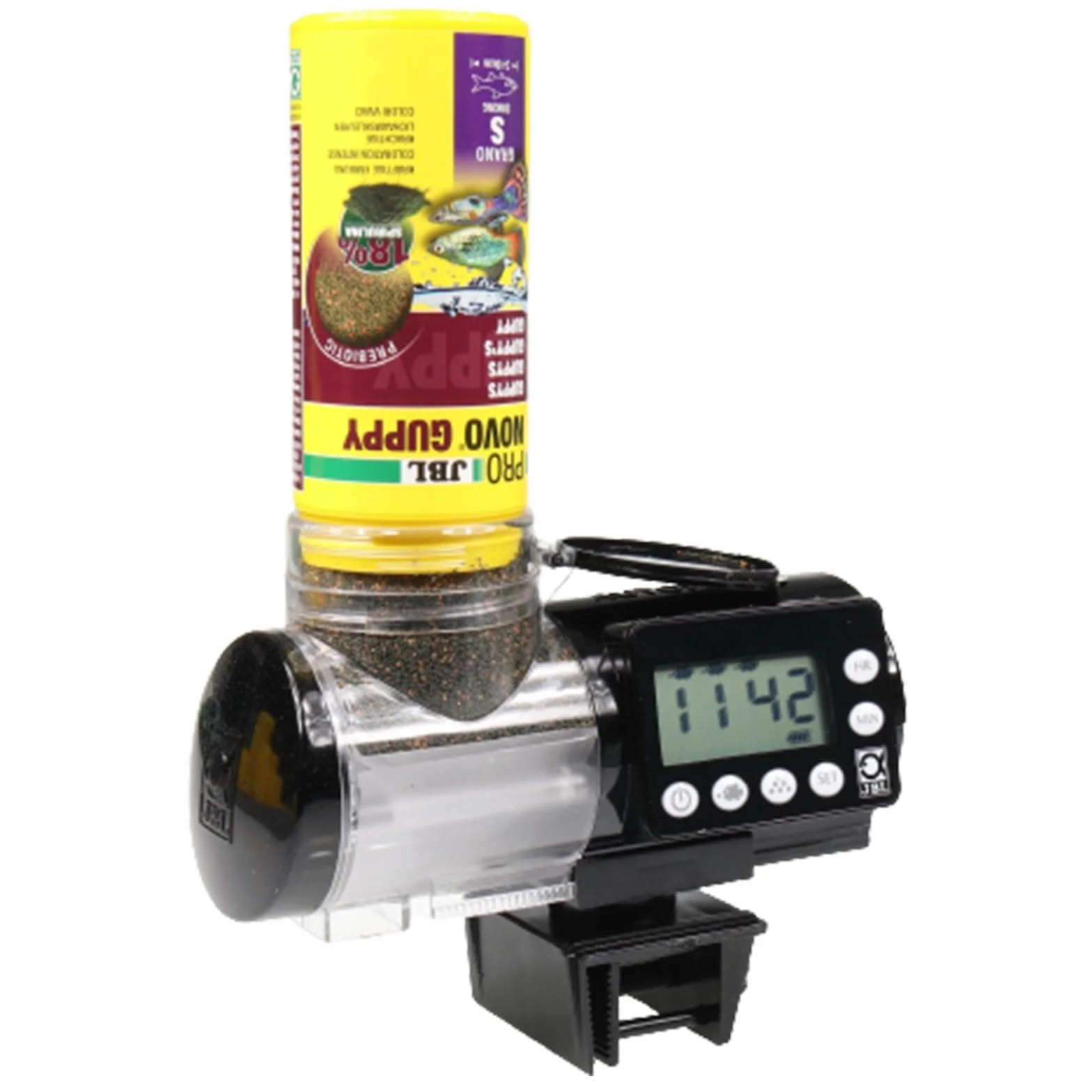 JBL PRONOVO AUTOFOOD - Comedero automático para acuario, alimentación con gránulos de pienso para peces hasta 4 veces al día, incluye soporte y anillo adaptador para ampliar el volumen a 375 ml, color