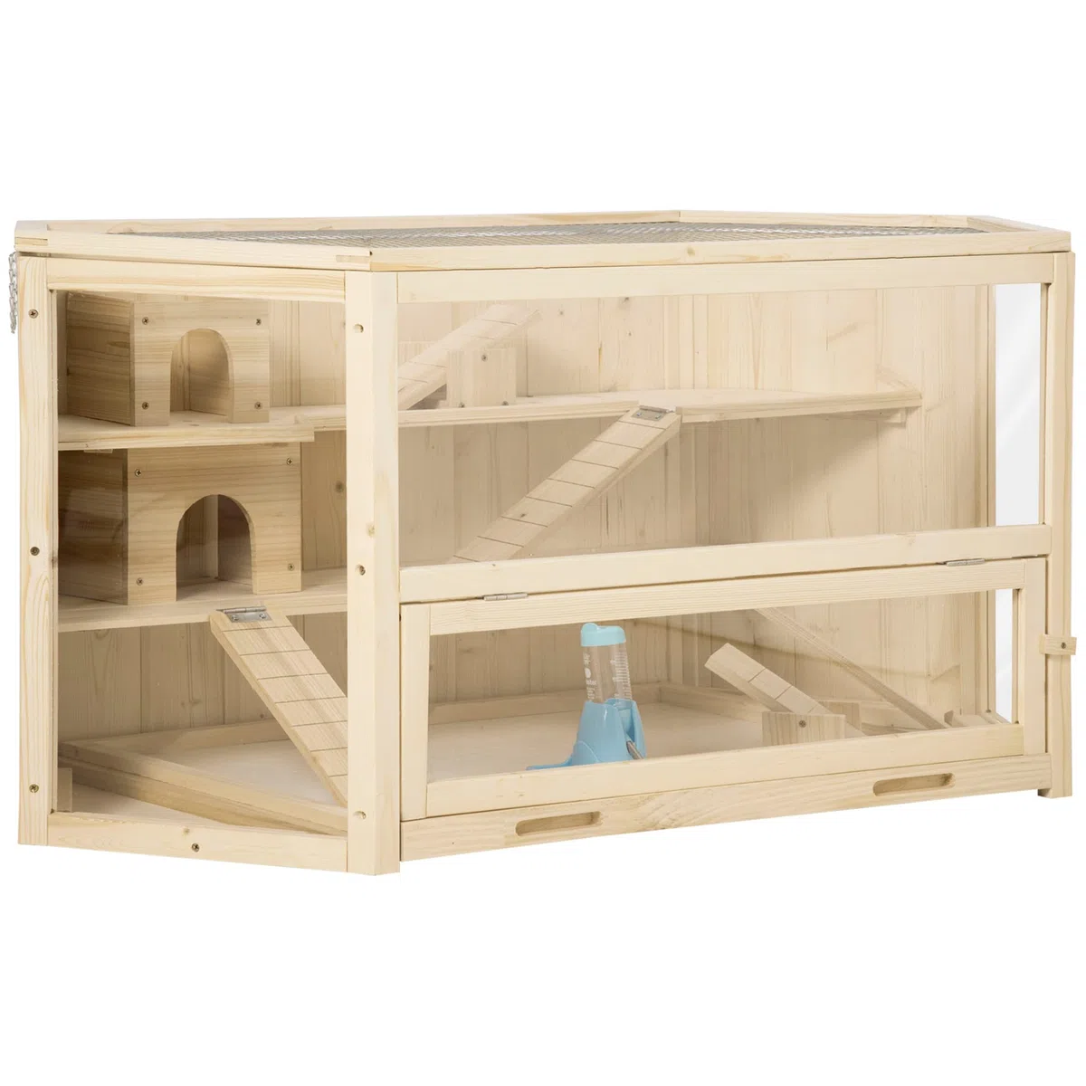 PawHut Jaula de Madera para Hámster 115x60x55 cm Casa para Roedores con 3 Niveles Techo Abatible Bandeja Extraíble Bebedero y 3 Rampas Natural