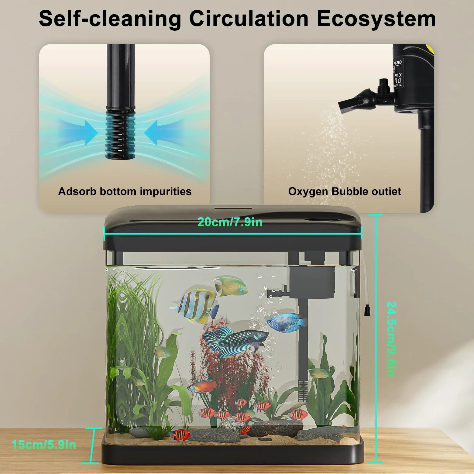 Acuario de Cristal, GuKKK Acuarios y Peceras Completas,Pecera con Sistema de Filtrado Integrado e Iluminación LED,Bajo Ruido y Silencioso,Acuarios de Iniciación, Negro (6L)